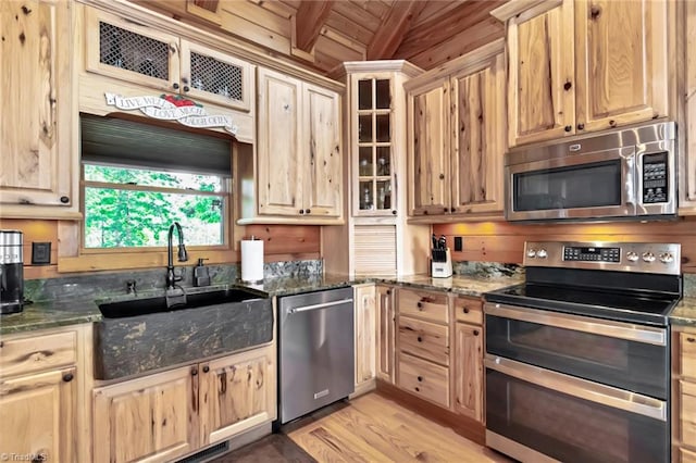 650 Sweetwater Rd, Boomer, NC 28606 - kitchen featuring appliances with stainless steel finishes, wood ceiling, light wood-type flooring, a sink, and light brown cabinets