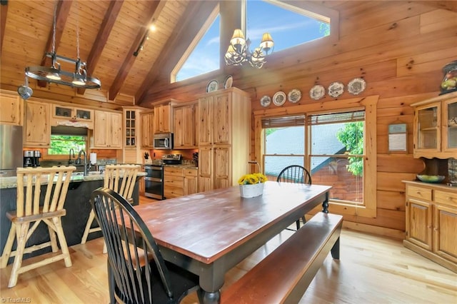 650 Sweetwater Rd, Boomer, NC 28606 - dining room featuring high vaulted ceiling, wooden ceiling with exposed beams, a chandelier, light wood finished floors, and wooden walls