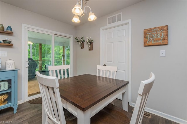 1765 Midway School Rd, Winston-Salem, NC 27107 - dining area with an inviting chandelier, visible vents, baseboards, and dark wood-type flooring