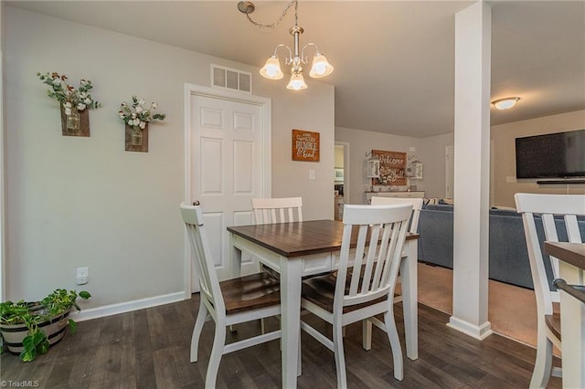1765 Midway School Rd, Winston-Salem, NC 27107 - dining area with an inviting chandelier, visible vents, dark wood-style flooring, and baseboards