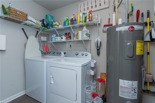 1765 Midway School Rd, Winston-Salem, NC 27107 - laundry area featuring wood finished floors, water heater, laundry area, washer and dryer, and baseboards