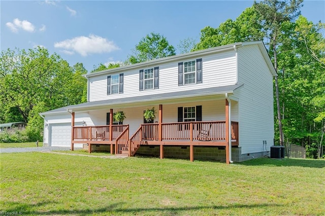 1765 Midway School Rd, Winston-Salem, NC 27107 - view of front facade with covered porch, crawl space, central AC unit, a front yard, and gravel driveway