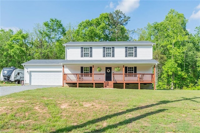 1765 Midway School Rd, Winston-Salem, NC 27107 - view of front of house with covered porch, a garage, gravel driveway, and a front lawn
