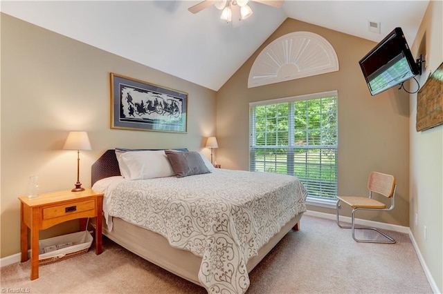 bedroom with ceiling fan, high vaulted ceiling, carpet, baseboards, and visible vents