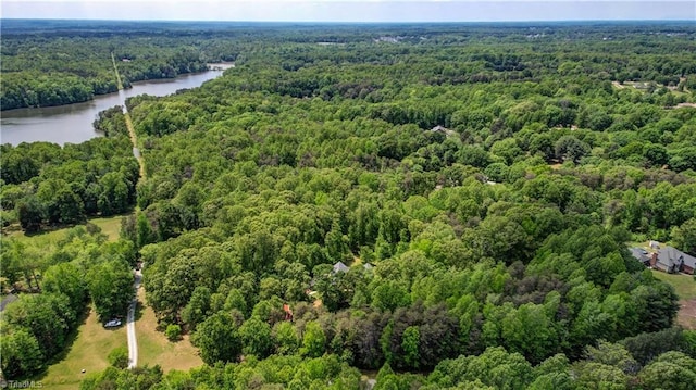 bird's eye view with a water view and a view of trees