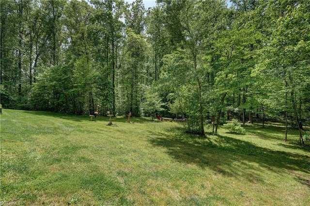 view of yard featuring a wooded view