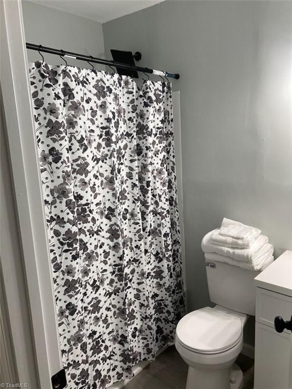 bathroom featuring vanity, toilet, and curtained shower
