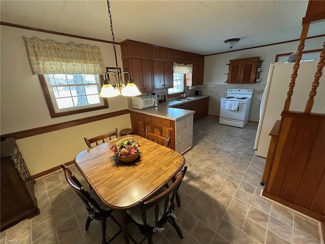 kitchen featuring brown cabinets, white appliances, light countertops, and crown molding