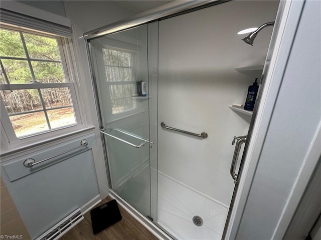 bathroom with wood finished floors and a shower stall