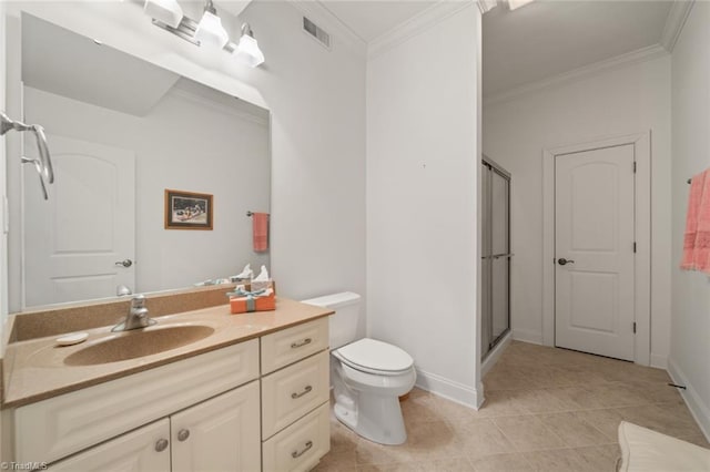 full bathroom with visible vents, crown molding, toilet, a stall shower, and vanity