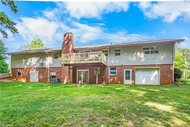 2215 Hickswood Rd, High Point, NC 27265 - rear view of house featuring a lawn, a deck, a chimney, and brick siding