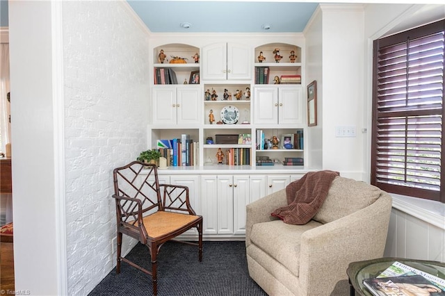 living area featuring dark carpet