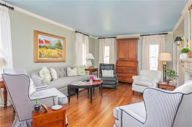 living area featuring crown molding and wood finished floors