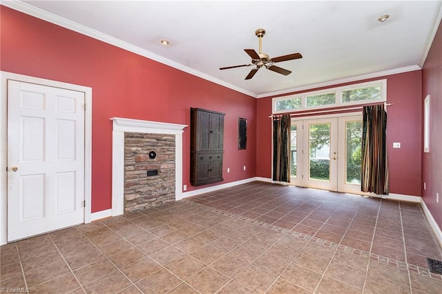 3753 Konnoak Dr SW, Winston-Salem, NC 27127 - unfurnished living room with a ceiling fan, light tile patterned floors, and crown molding