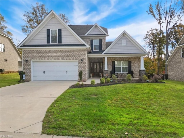 craftsman-style home featuring central AC unit, a garage, and a front lawn