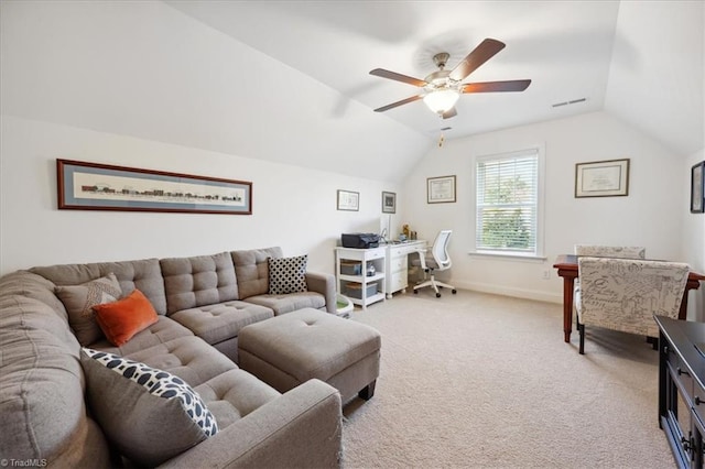 755 Gibb St, Winston-Salem, NC 27106 - living area featuring lofted ceiling, ceiling fan, light colored carpet, a desk, and baseboards