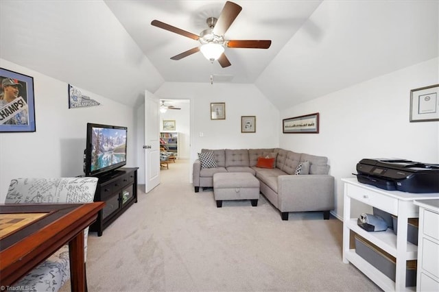 755 Gibb St, Winston-Salem, NC 27106 - living room with light colored carpet, a ceiling fan, lofted ceiling, and baseboards