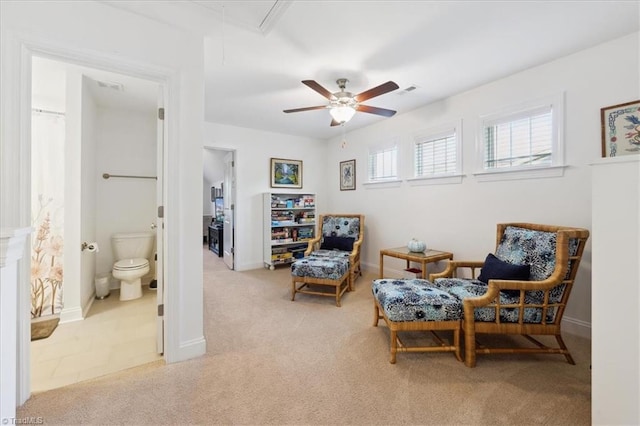 755 Gibb St, Winston-Salem, NC 27106 - sitting room featuring attic access, carpet flooring, a ceiling fan, and baseboards