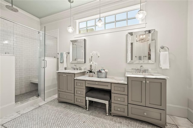 239 Glade View Ct, Winston-Salem, NC 27101 - full bathroom with a stall shower, crown molding, vanity, baseboards, and tile patterned floors