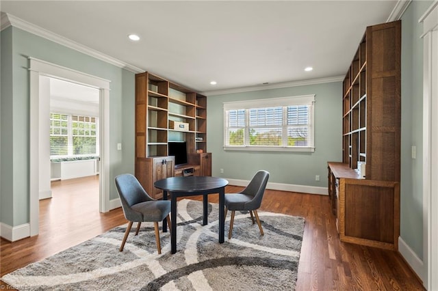 239 Glade View Ct, Winston-Salem, NC 27101 - office space with ornamental molding, healthy amount of natural light, dark wood-style floors, baseboards, and recessed lighting