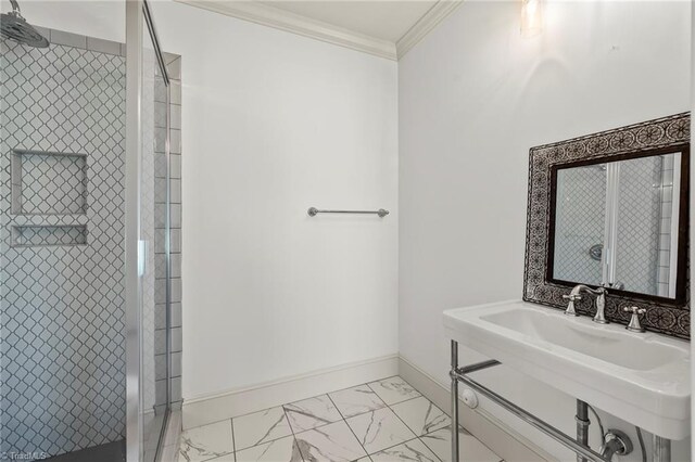 239 Glade View Ct, Winston-Salem, NC 27101 - bathroom with ornamental molding, marble finish flooring, baseboards, and tiled shower