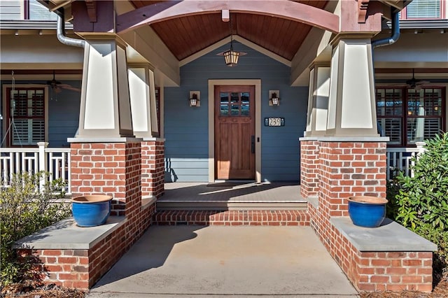 239 Glade View Ct, Winston-Salem, NC 27101 - view of exterior entry with covered porch and a ceiling fan