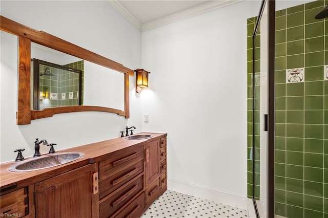 239 Glade View Ct, Winston-Salem, NC 27101 - bathroom with ornamental molding, a stall shower, double vanity, and baseboards