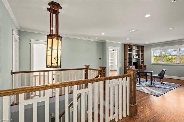 239 Glade View Ct, Winston-Salem, NC 27101 - hallway with crown molding, recessed lighting, wood finished floors, baseboards, and a desk