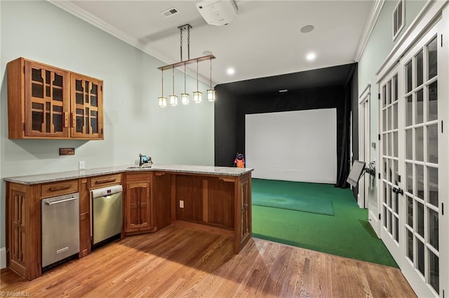 239 Glade View Ct, Winston-Salem, NC 27101 - bar featuring stainless steel dishwasher, ornamental molding, light wood-style flooring, hanging light fixtures, and french doors