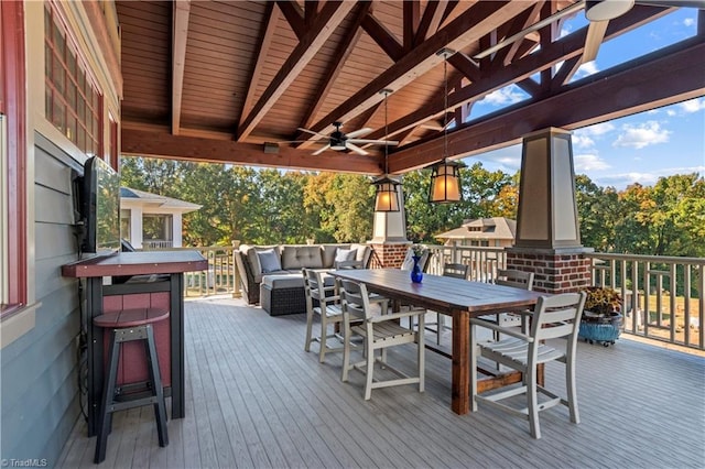 239 Glade View Ct, Winston-Salem, NC 27101 - deck featuring outdoor dining area, a ceiling fan, and outdoor lounge area