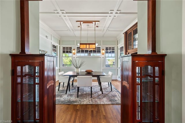 239 Glade View Ct, Winston-Salem, NC 27101 - dining area featuring dark wood-style floors and coffered ceiling