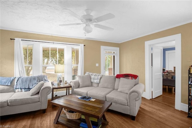 living room featuring hardwood / wood-style floors and ceiling fan