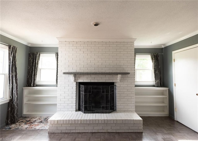 3607 Stonehurst Pl, High Point, NC 27265 - details with crown molding, a textured ceiling, baseboards, and a fireplace