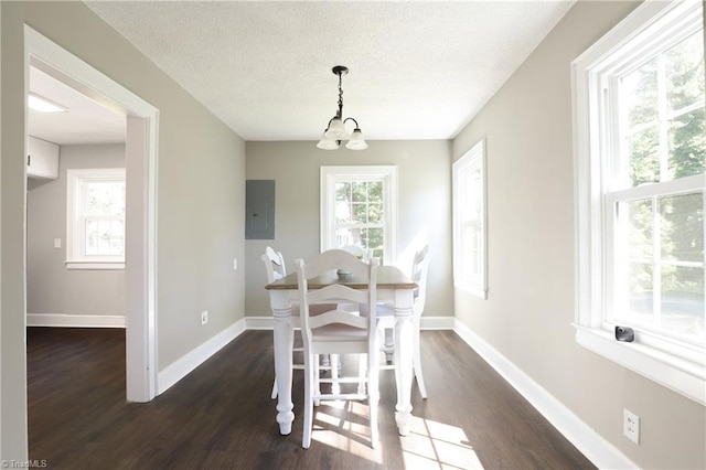 2904 Spring Garden St, Greensboro, NC 27403 - dining space with dark wood-style floors, electric panel, a chandelier, and a textured ceiling