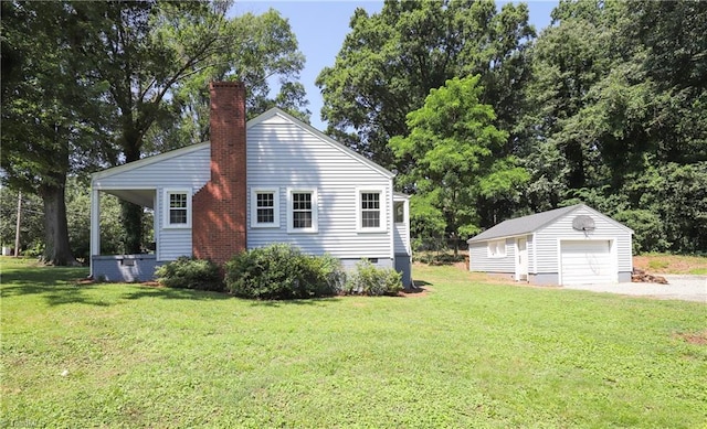 2904 Spring Garden St, Greensboro, NC 27403 - view of side of property with an outdoor structure, a chimney, a lawn, and a garage