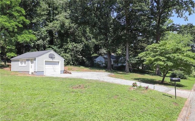 2904 Spring Garden St, Greensboro, NC 27403 - view of grassy yard featuring an outbuilding, gravel driveway, a garage, and view of wooded area
