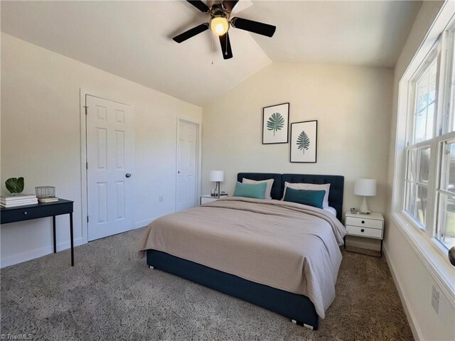 1609 Hardie St, Greensboro, NC 27403 - bedroom with vaulted ceiling, carpet, and a ceiling fan