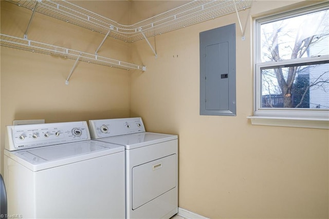 laundry room featuring electric panel, laundry area, and washing machine and clothes dryer