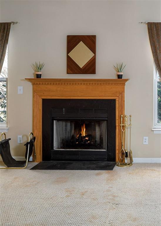 details with baseboards, a warm lit fireplace, and carpet floors