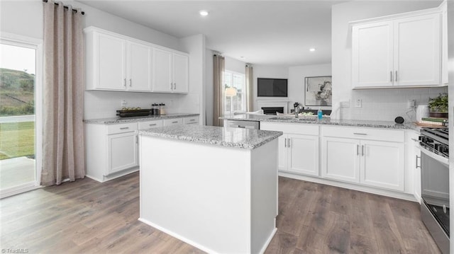 2867 Burgess Dr, Mebane, NC 27302 - kitchen featuring a sink, stainless steel appliances, tasteful backsplash, white cabinets, and wood finished floors