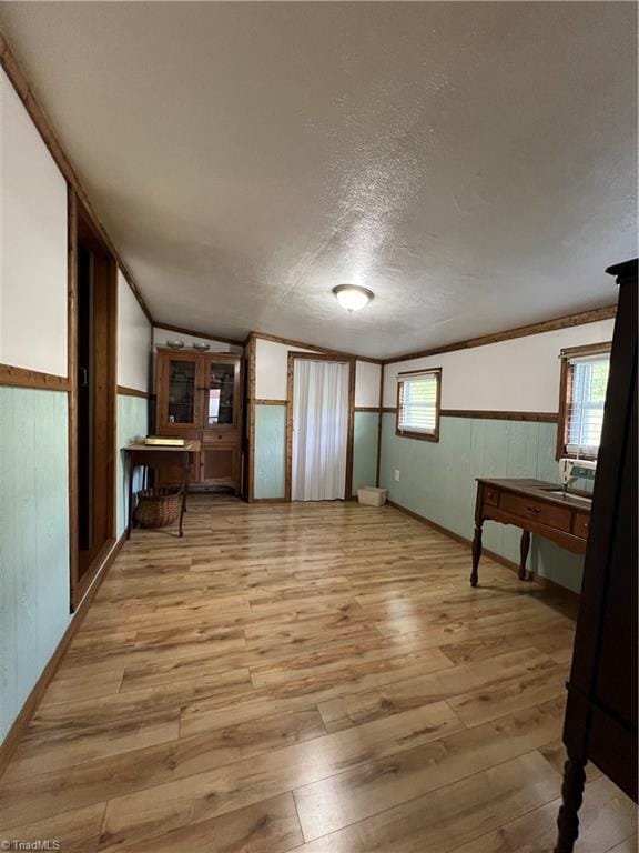 interior space featuring a textured ceiling, light wood finished floors, vaulted ceiling, and wainscoting