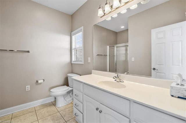 bathroom featuring an enclosed shower, toilet, tile patterned floors, and vanity