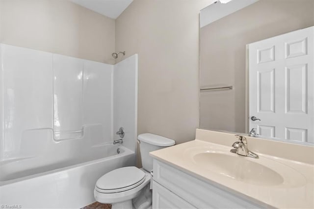 full bathroom with toilet, vanity, and bathing tub / shower combination