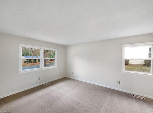 spare room with baseboards, visible vents, carpet floors, and a healthy amount of sunlight