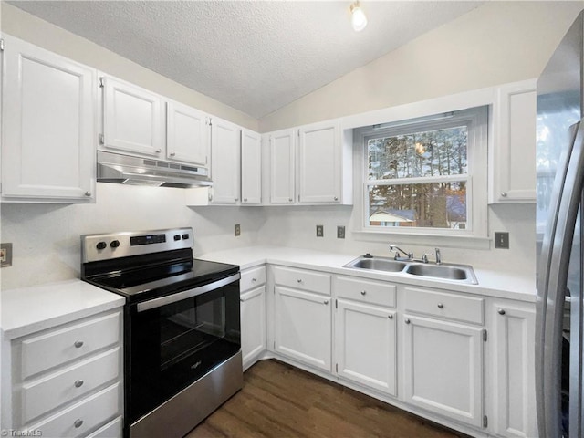 kitchen featuring lofted ceiling, a sink, stainless steel appliances, white cabinets, and under cabinet range hood