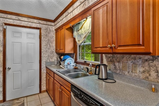 318 Sedalia Rd, Gibsonville, NC 27249 - kitchen with crown molding, a sink, a textured ceiling, dishwasher, and brown cabinets