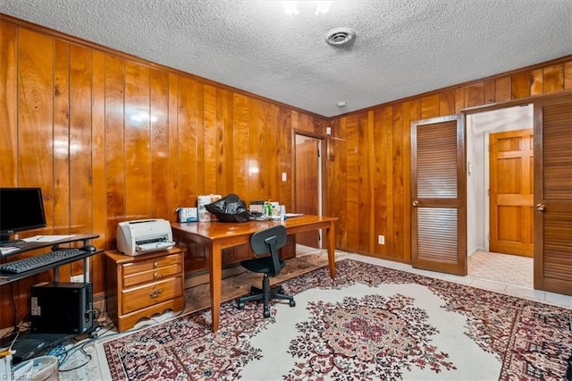 318 Sedalia Rd, Gibsonville, NC 27249 - office with wood walls, a textured ceiling, and crown molding