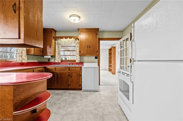 kitchen featuring ornamental molding, sink, and white appliances