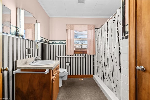 bathroom featuring toilet, vanity, a shower with shower curtain, and ornamental molding