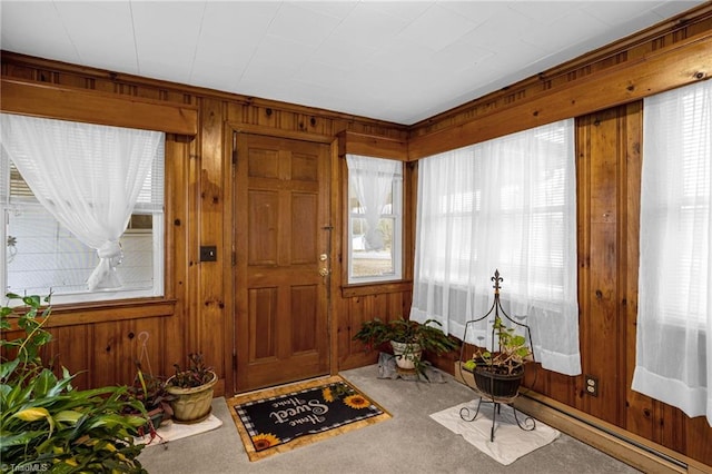 entryway featuring carpet flooring and wood walls